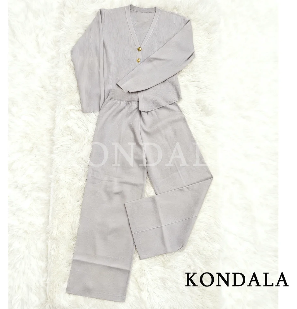 KONDALA Fall Casual Knitted Pants Set Women's V-Neck Cardigan,Elastic Waist Trousers 2025 Spring Autumn Fashion Simple Home Suit