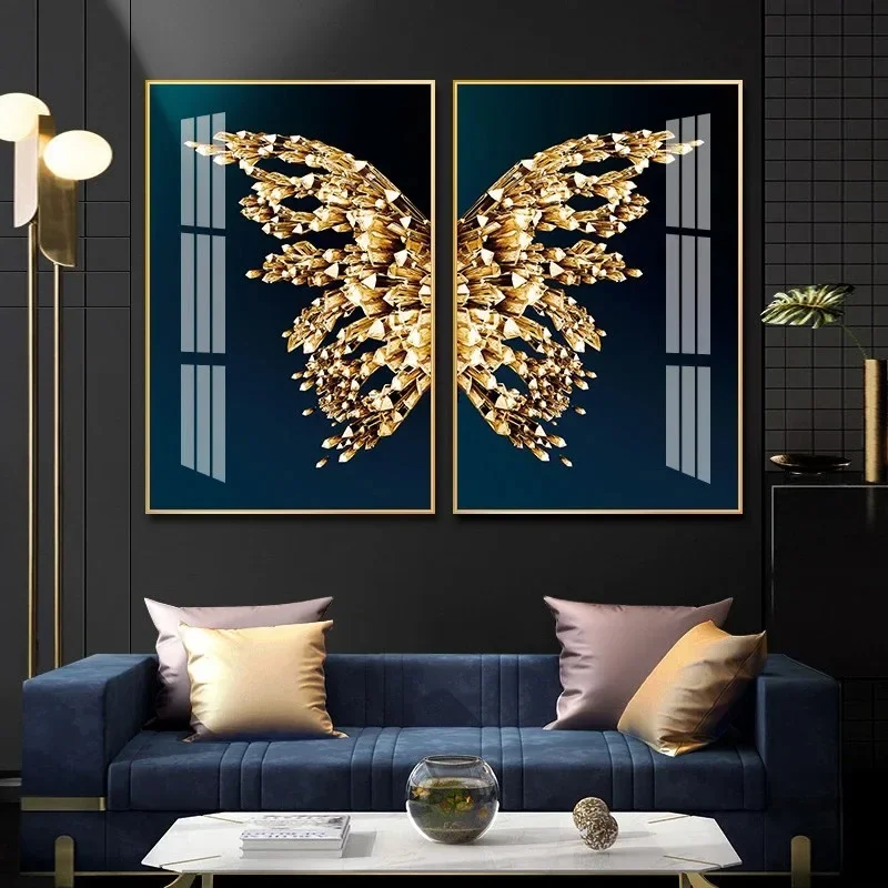 Classic Vintage Wall Art Modern Black and Gold Butterfly Wings, HD Canvas Printed Poster, Home Living Room Bedroom Decoration