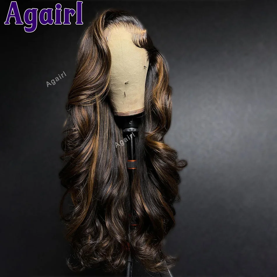 

Transparent 13x4 13x6 Lace Frontal Human Hair Wigs Brown Stripe Highlights 6X4 Lace Closure Body Wave Wigs for Women Pre Plucked