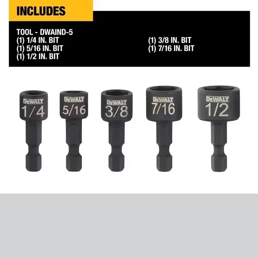 DEWALT DWAIND-5-A9 5Pcs Hex Handle Impact-resistant Magnetic Sleeve Set Compact Electric Drill Driver Bit Power Tool Accessories