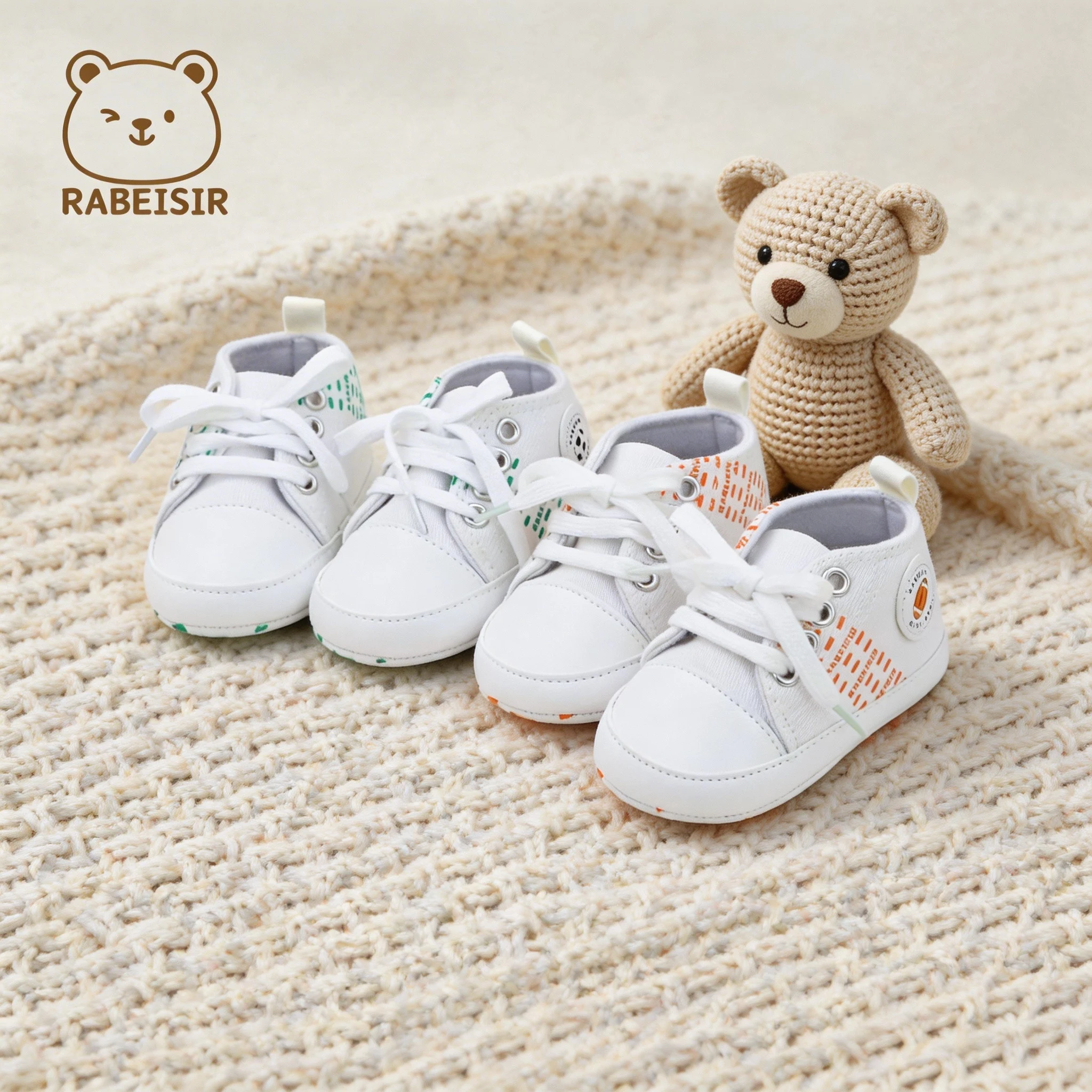Lace-up simple printed versatile white shoes for boys and girls, baby walking shoes