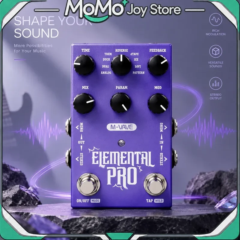 M-Vave Elemental Pro Stereo Delay Pedal, Multi Modes Tap Function, Full Metal Shell, Works Great For Electric Guitar & Bass
