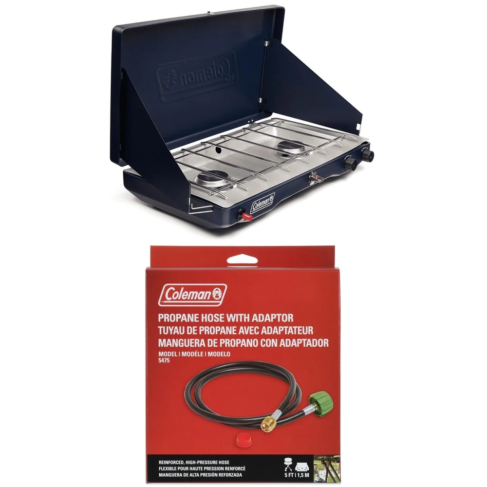 3-in-1 موقد للتخييم المحمولة 2 الشعلات ارتفاع ضغط خرطوم غاز البروبان محول 5ft القابلة للإزالة الحديد الزهر شواء صينية درجة الحرارة