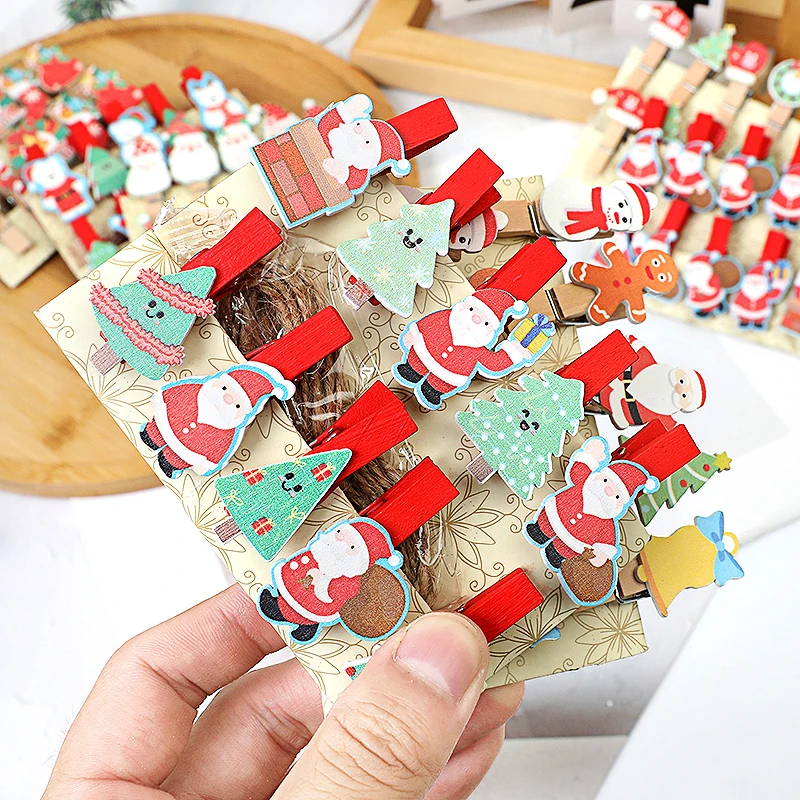 10PCS Christmas Wooden Clips New Year Party Decoration Photo Wall Clip Santa Claus Snowman DIY Clips Hanging For Home Decoration