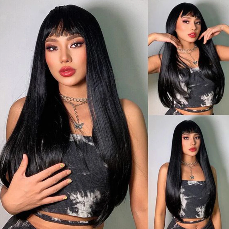 

Peruvian Straight Human Hair Wigs With Bangs Natural Color 100% 16 To 28 Inches Long Remy Human Hair Wigs Full Machine Made Wigs