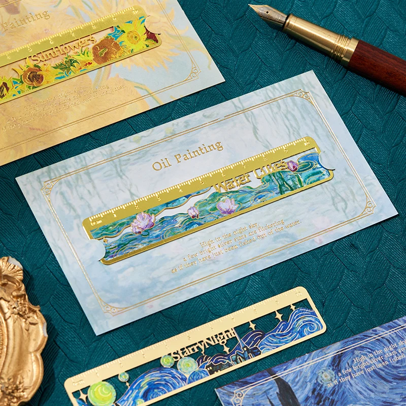 Exquisite Oil Painting Element Rulers Creative Sunflower Lotus Metal Ruler Bookmarks Measuring Drawing Tools Student Stationery