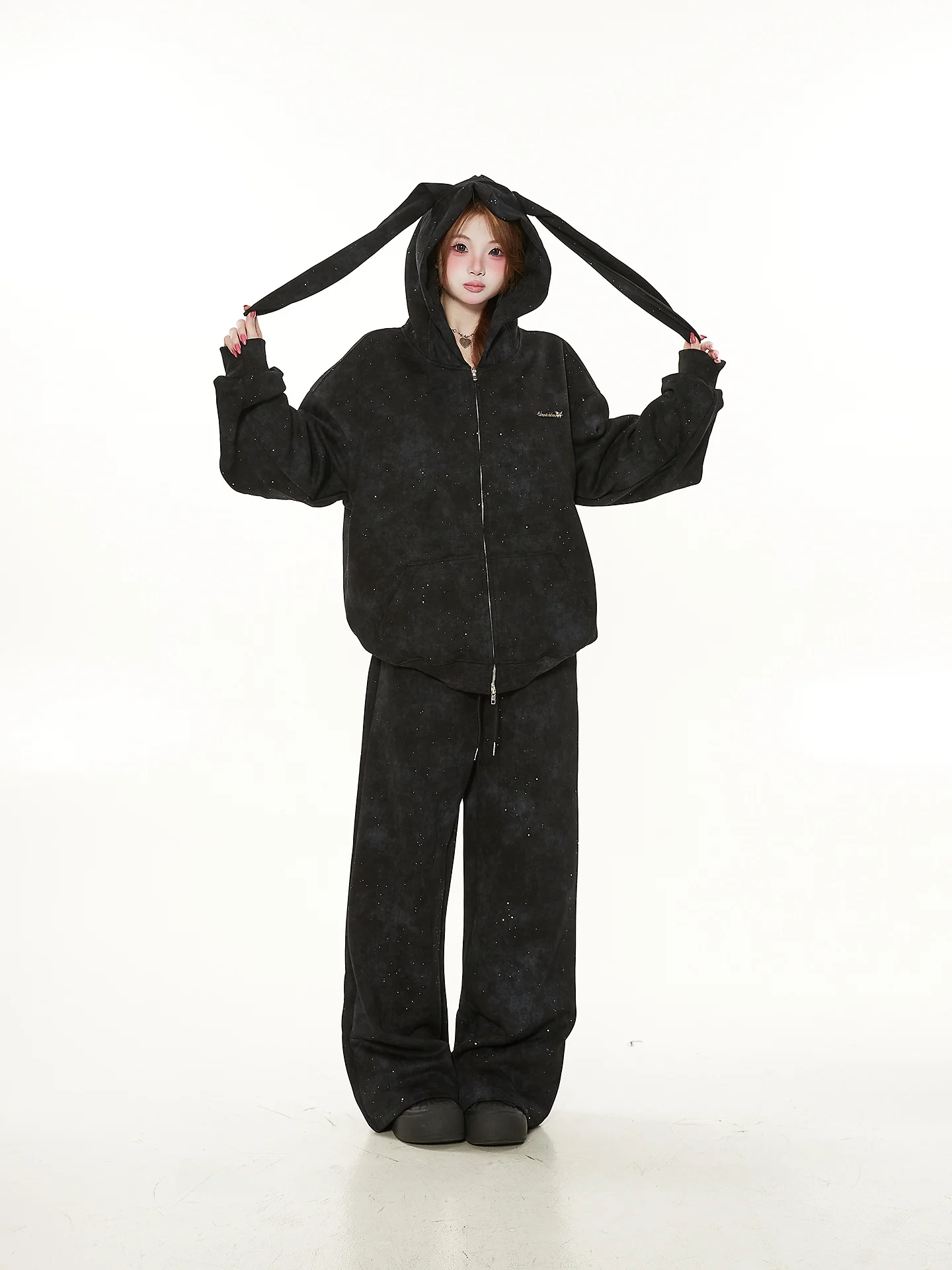 

Spring Autumn New Style Ultra Cute Korean Rabbit Ear Hoodie Open Cardigan Women Straight Casual Pants Design Sense Whole Set