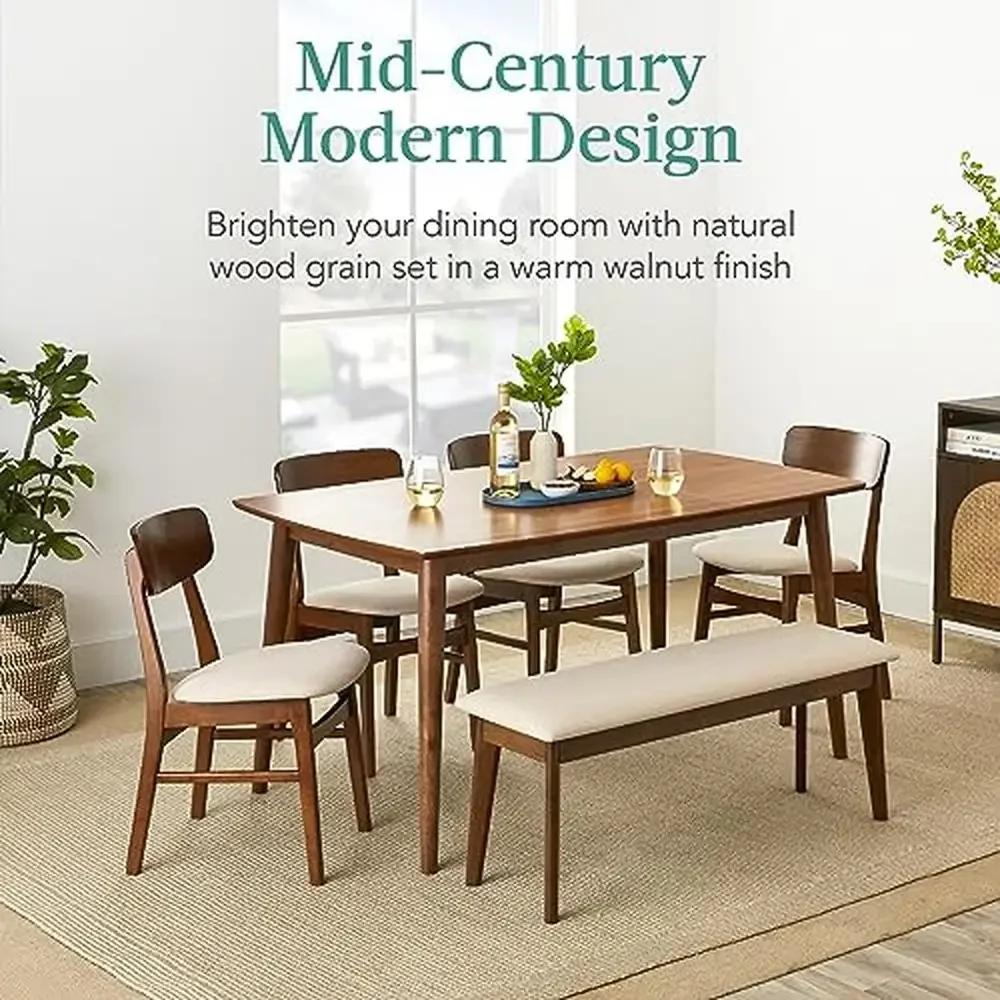 Modern 6-Piece Wooden Dining Set with Bench Seat & Upholstered Chairs Walnut Tabletop Space Saving Ergonomic Backrests Room 6