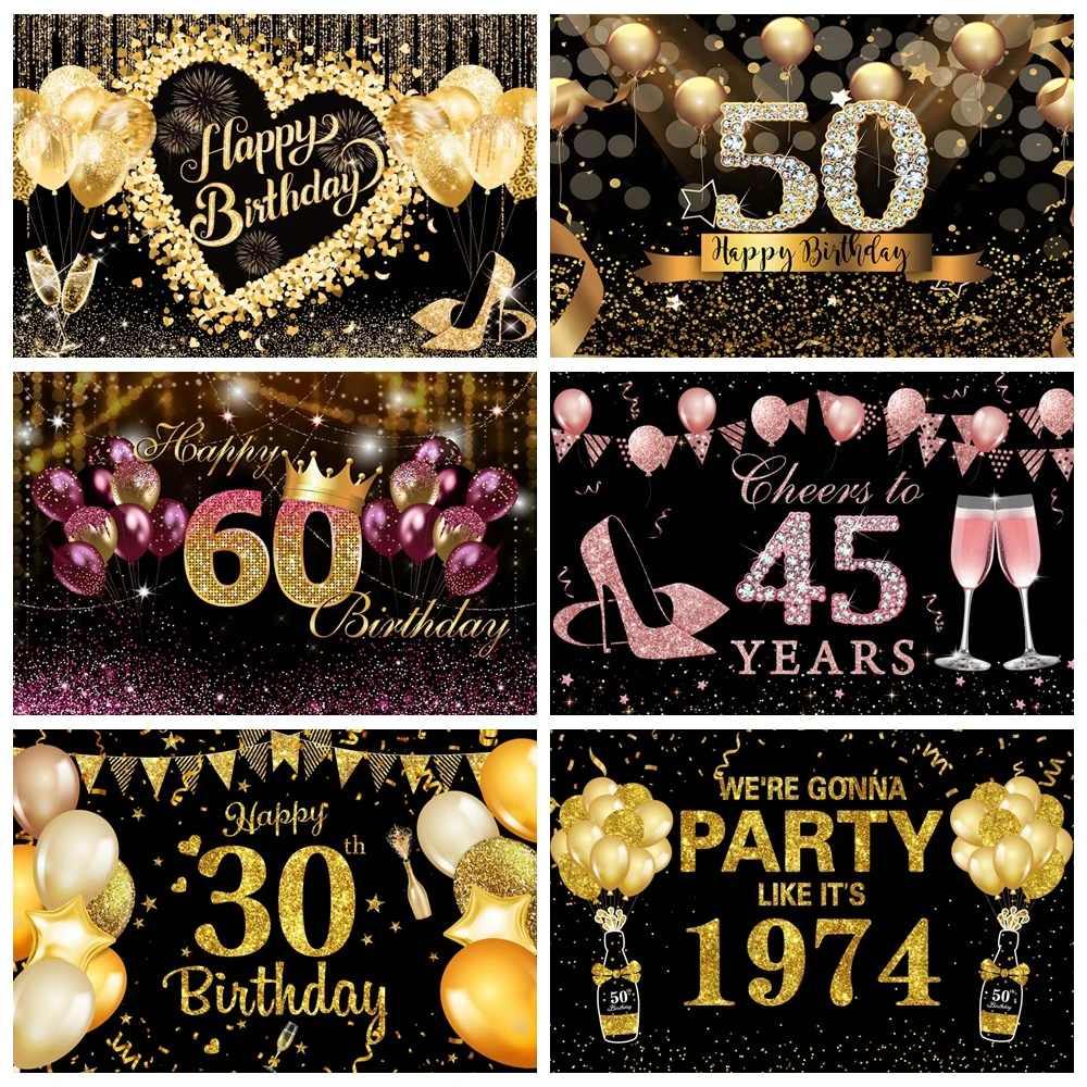 

Adult Birthday Party Backdrop for Photography Golden Glitter Balloon 30 45 50 60 Years Old Birthday Decoration Photo Background