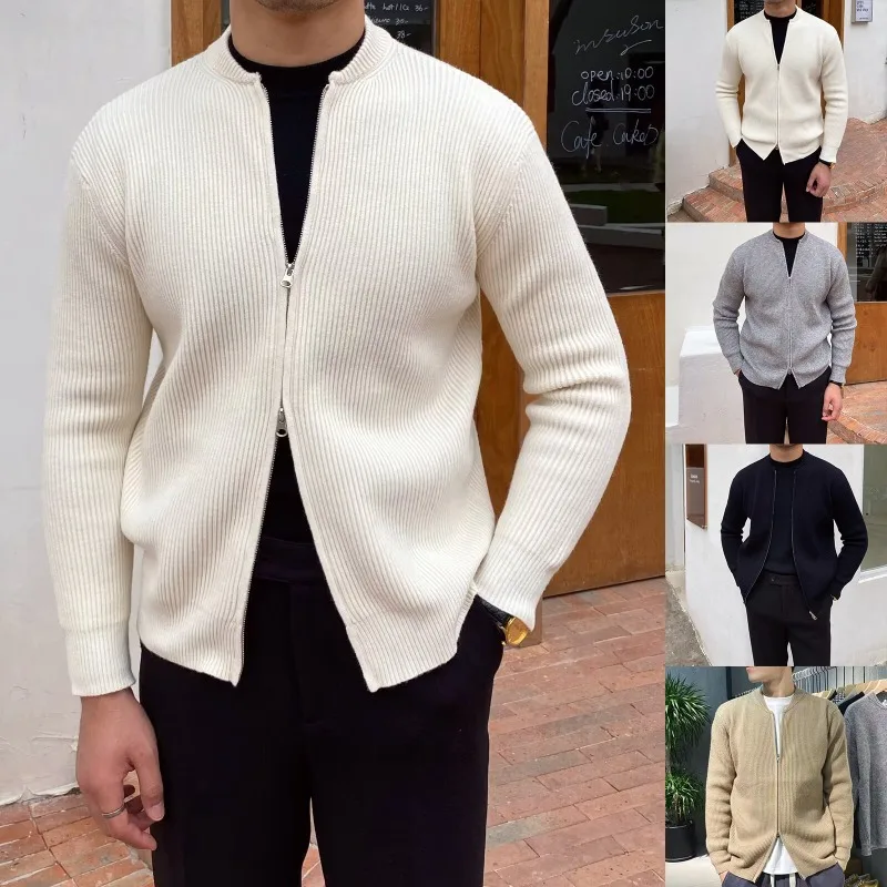 Autumn Winter Solid Slim Knit Cardigan Jacket Men's Business Casual Warm Outerwear