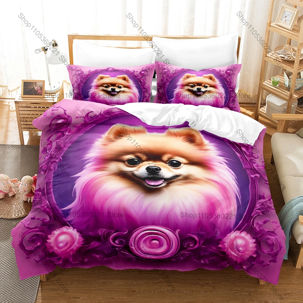 Cartoon Pomeranian Puppy Bedding Set 3 Piece Pet Dog Pattern Duvet Cover Set Single Twin Full Queen King Size Home Decor