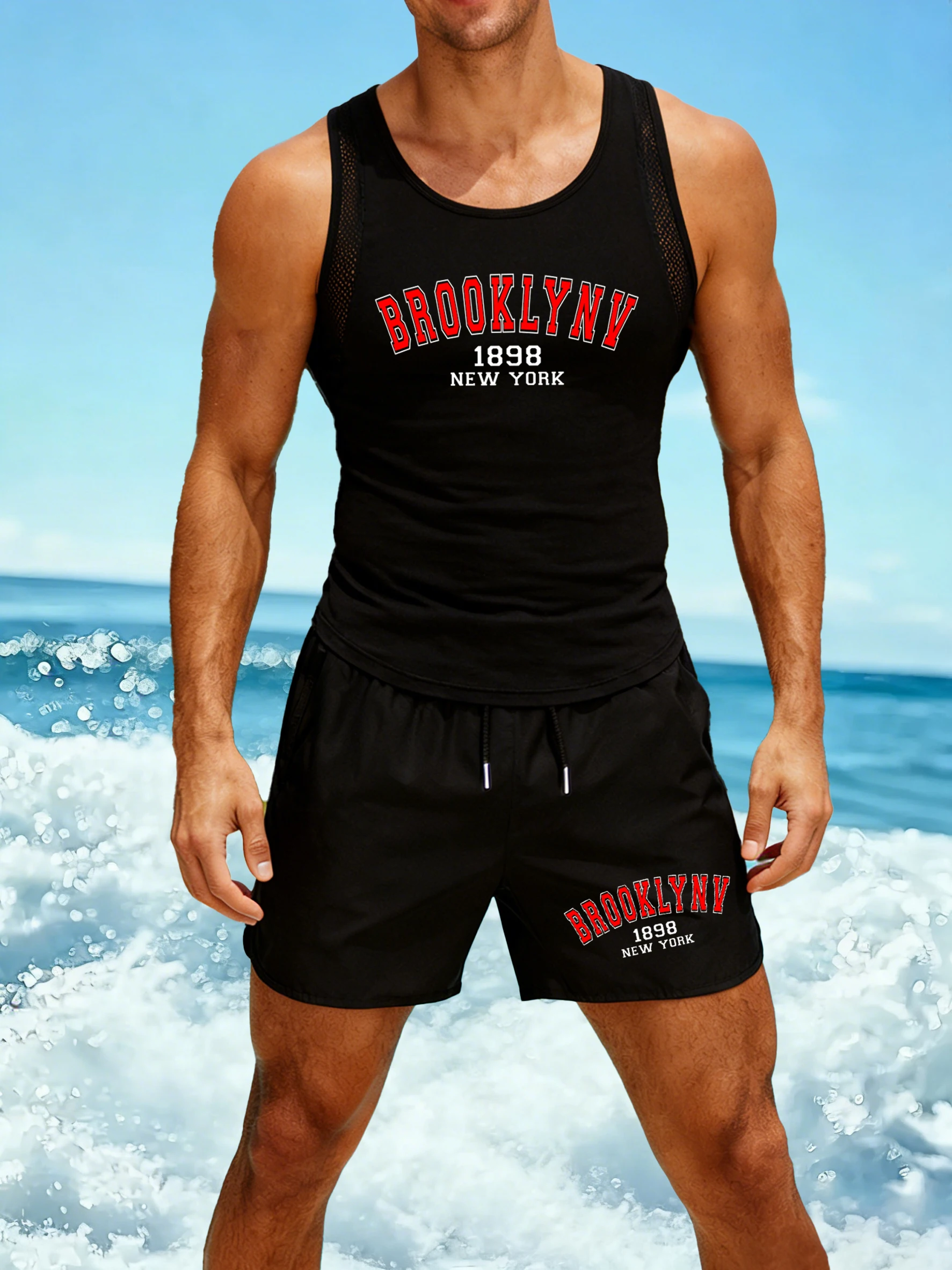 

Brooklyn 1898 New York Design Men Vest Set Soft Reticular Sleeveless Tees Summer Drawstring Shorts Unisex Fashion Sportset