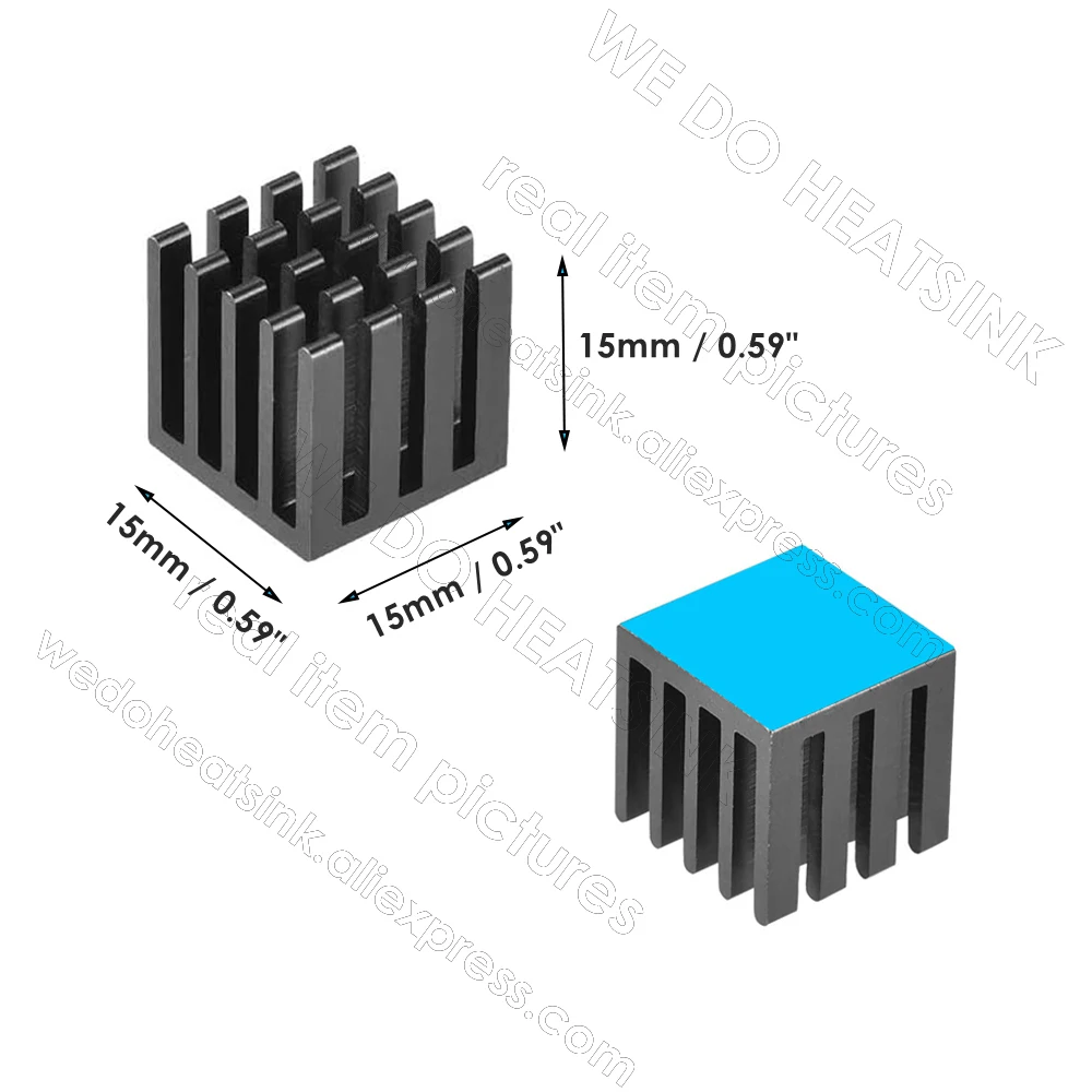 15x15x15mm Black Slotted Tone Aluminum Heatsink Radiator 0.59 inch for MOS IC Chip with pre Applied Thermal Pad