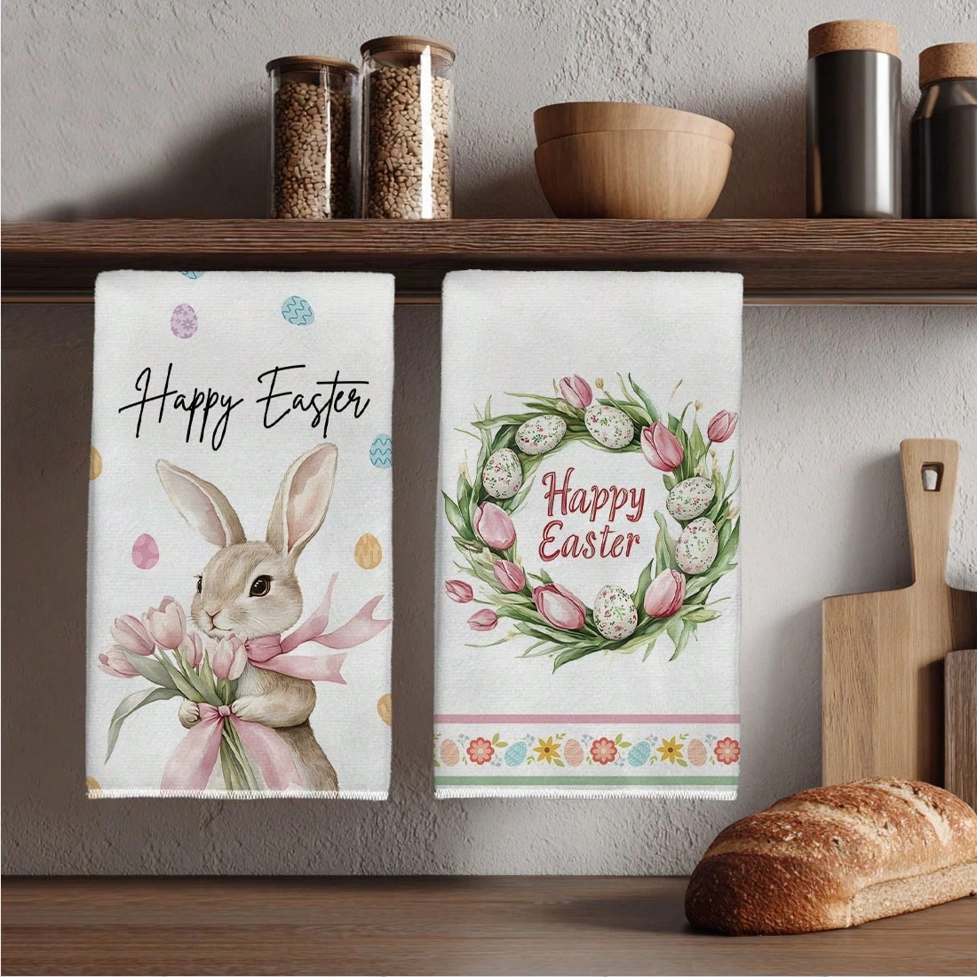 2pcs Easter Kitchen Towels - 2D Single-Sided Print Bunny & Wreath Design, Super Soft Absorbent Quick Dry Dish Cloths for Home Ki