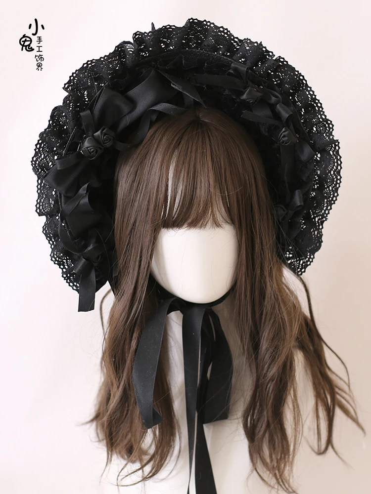 

Lolita Original Black and White antique cla with elegant lace bow bnt Bornet hat