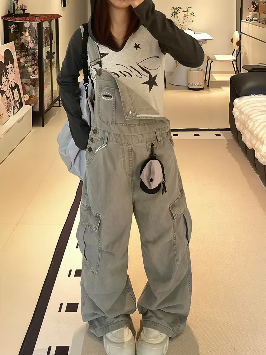 

Sweet Cool Spicy Denim Overalls Women's Grey Casual Loose Slimming Casual All-match Jumpsuit High Waist Zipper Style Autumn S...