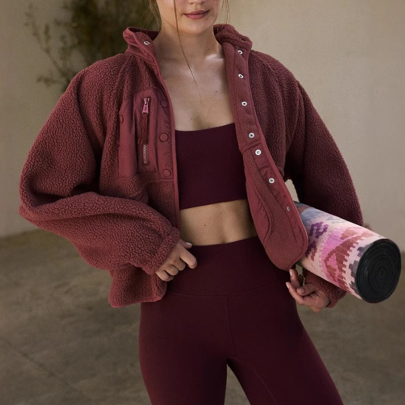 

Autumn Winter 2025 Lamb Fleece Stand Up Collar Jacket Warm Loose Single Breasted Sports Jacket for Women