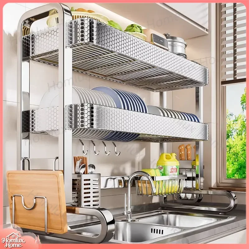 Stainless Steel Kitchen Sink Rack Dish Drying Rack Over Sink Multi Functional Dish Storage Drain Rack for Countertop and