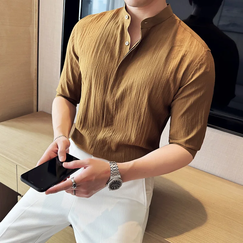 

Men's Summer High Quality Half-sleeved Shirts Men's Stand Collar Solid Color Slim Fit Casual Shirt White Black 3XL-M