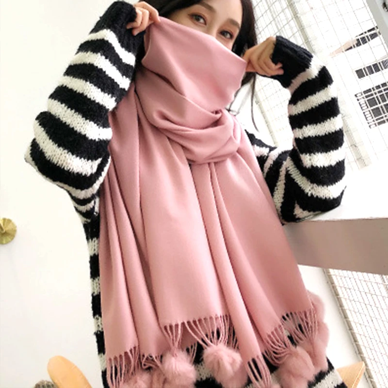 Women Warm Scarf with Rabbit Fur Ball Pashmina Thick Scarves Shawls Winter Cashmere Pompom Scarf Ladies  Oversize Blanket Wrap