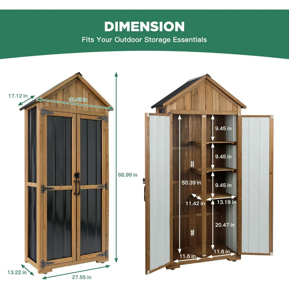 خزانة تخزين خارجية مقاومة للعوامل الجوية مع سقيفة معدنية وخشبية وأبواب قابلة للقفل وأرفف قابلة للتعديل وسقف متين لـ Secure S