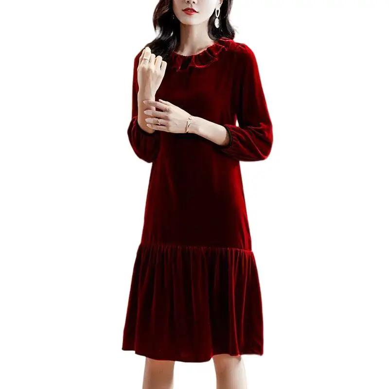 

Fashion 2024 Autunm women Lotus leaf collar velour dress,Spring Elegant luxury party dress, velvet dress