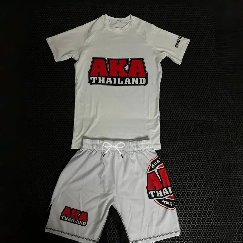2026 New Simple White Black Red Muay Thai Fighting Training Sports Set, Neutral Summer Breathable Quick Drying Short Sleeve