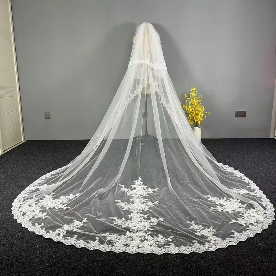 New Arrival White Ivory Cathedral wedding veils Lace Appliques Sexy Bride velos novia wedding accessories Two Layers Bridal Veil image 5