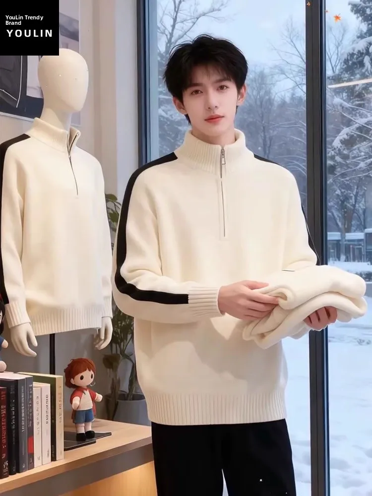 

Korean Sle Fce Lined Thiened f Zipper Stand Collar Men's Knitwear Winter Warm Inner Wear Casual Loose Fit Long Sve