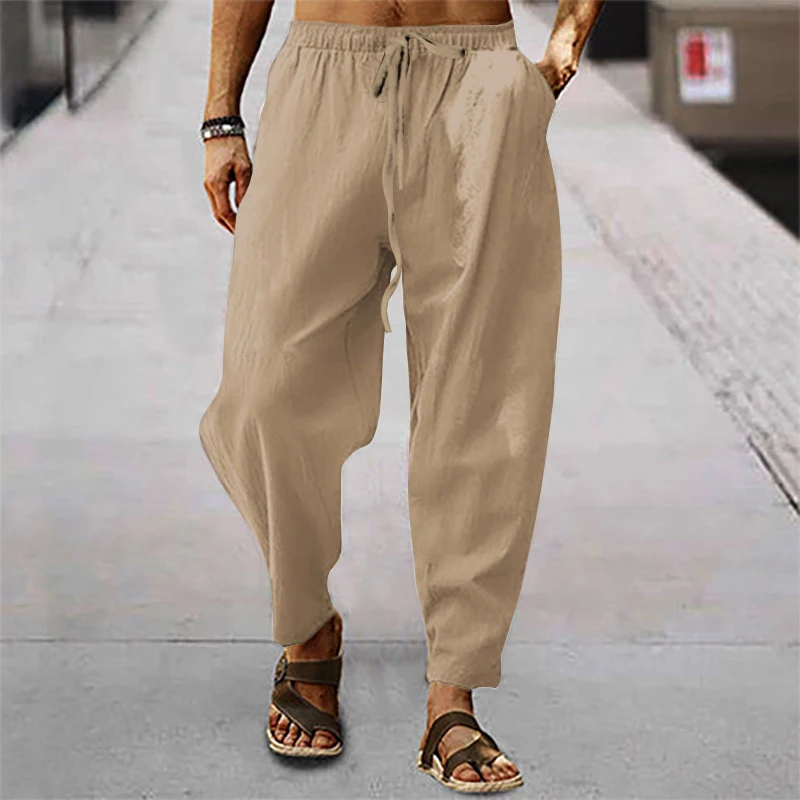 2023 Spring Summer Men\'s Casual Beach Long Pant Solid Color Loose Drawstring Cotton Linen Trousers Men Leisure Fashion Pants