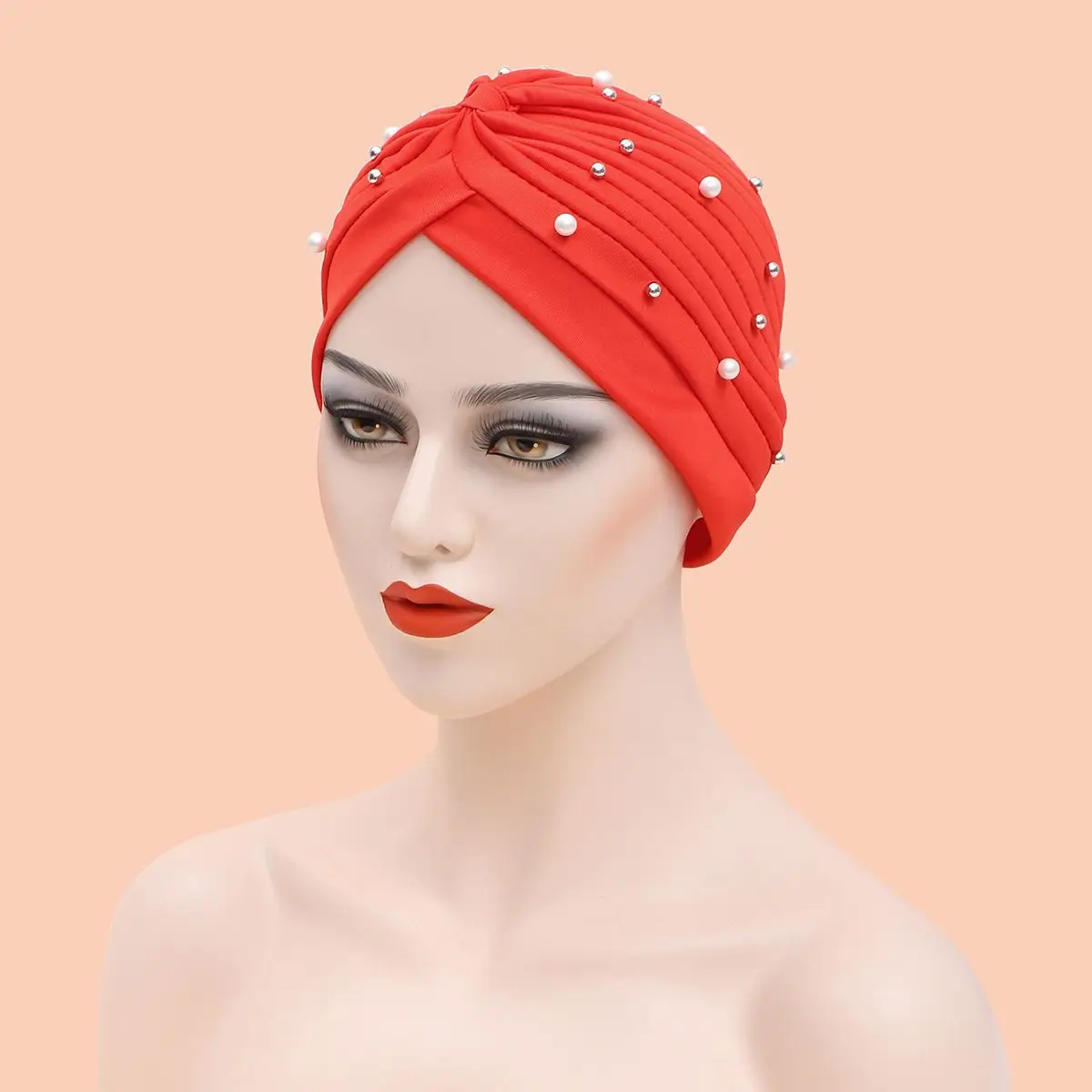 Women Beaded Polyester Islamic Inner Hijab Caps Arab Wrap Head Musulman Turbante Solid Folds Muslim Turban Scarf