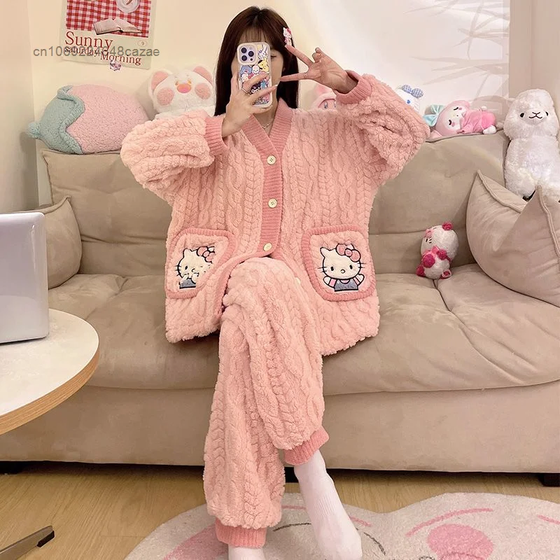 Sanrio Hello Kitty Plush Pink Cardigan Button Tops Pants 2 Piece Set Women Winter Flannel Pajamas Suit Y2k Kawaii Home Clothes