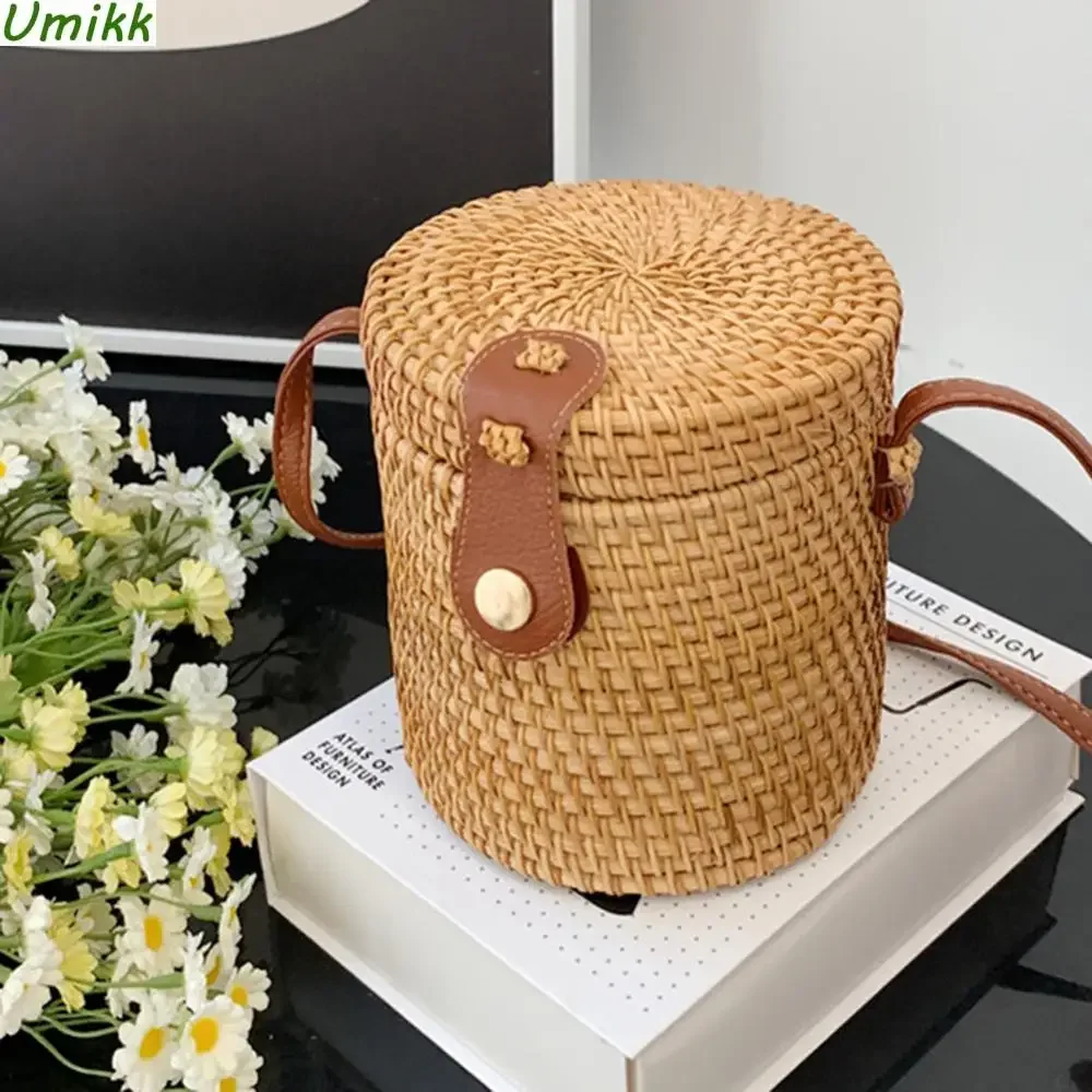 2024 New Bali Vintage Handmade Crossbody Bag Square/Round/Bucket Rattan Woven Shoulder Bag Retro Bohemia Beach Durable Straw Bag