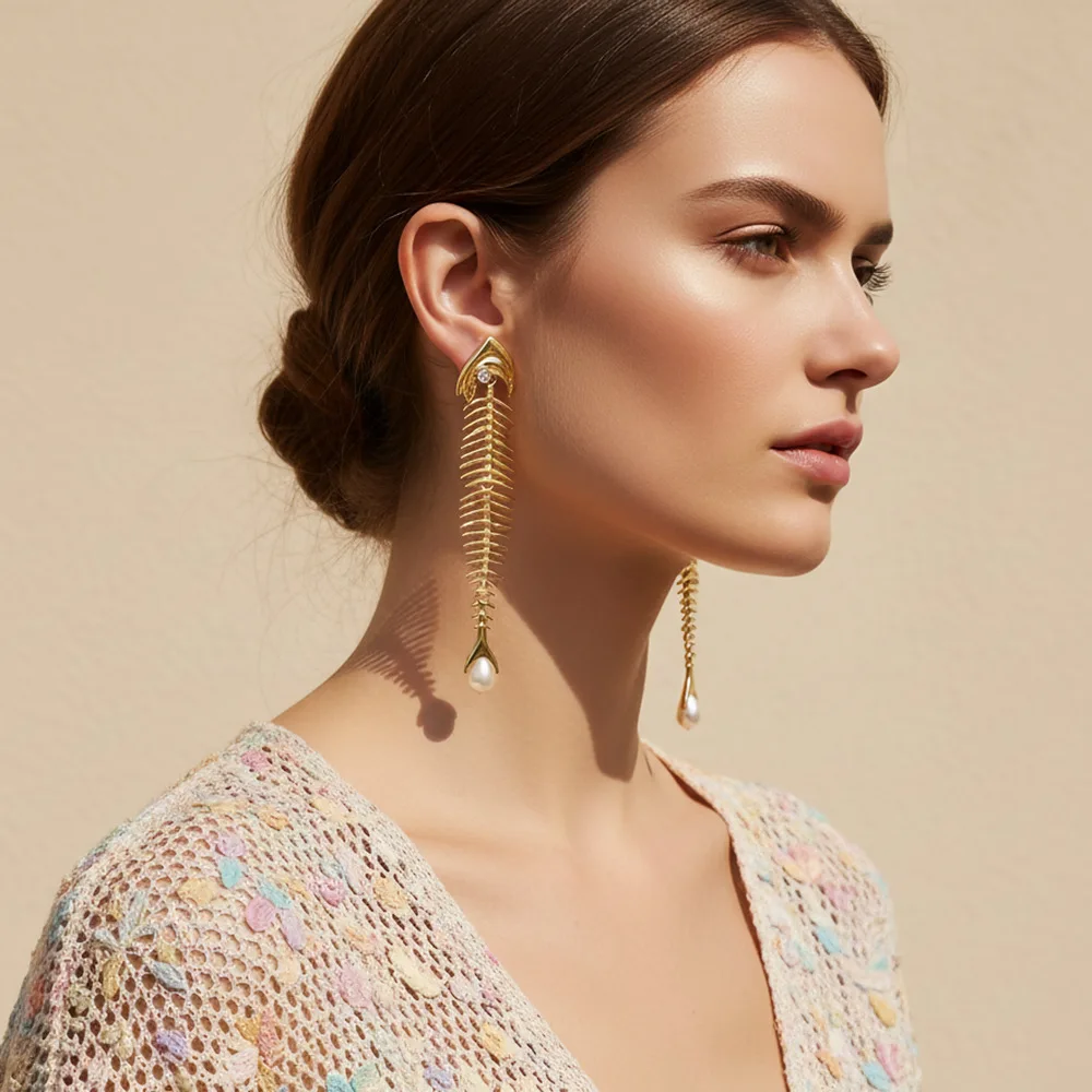 Statement 316 Stainless Steel Metal Long Fishbone Drop Earrings Personality Pearl Zircon Big Ear Stud Designer Jewelry CZ Серьги