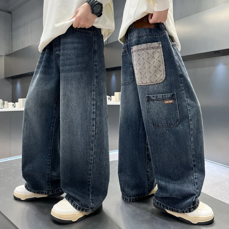 Cool Boy High Fashion Street Baggy Jeans Kids Retro Blue Wide Leg Denim Pants Loose Style Child Gradient Jeans Trousers Age 4-14