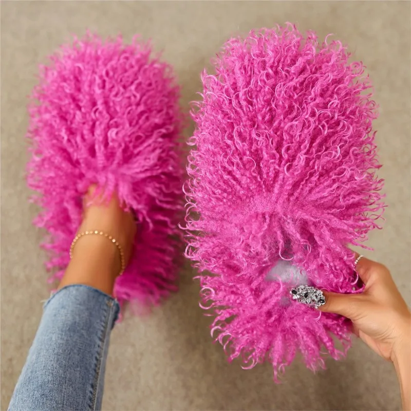 Women\'s Autumn Winter Mongolian fur Slippers Plus Size Woman Luxury Furry Faux Fur Slippers Plush Warm Home Cotton Fur Slides