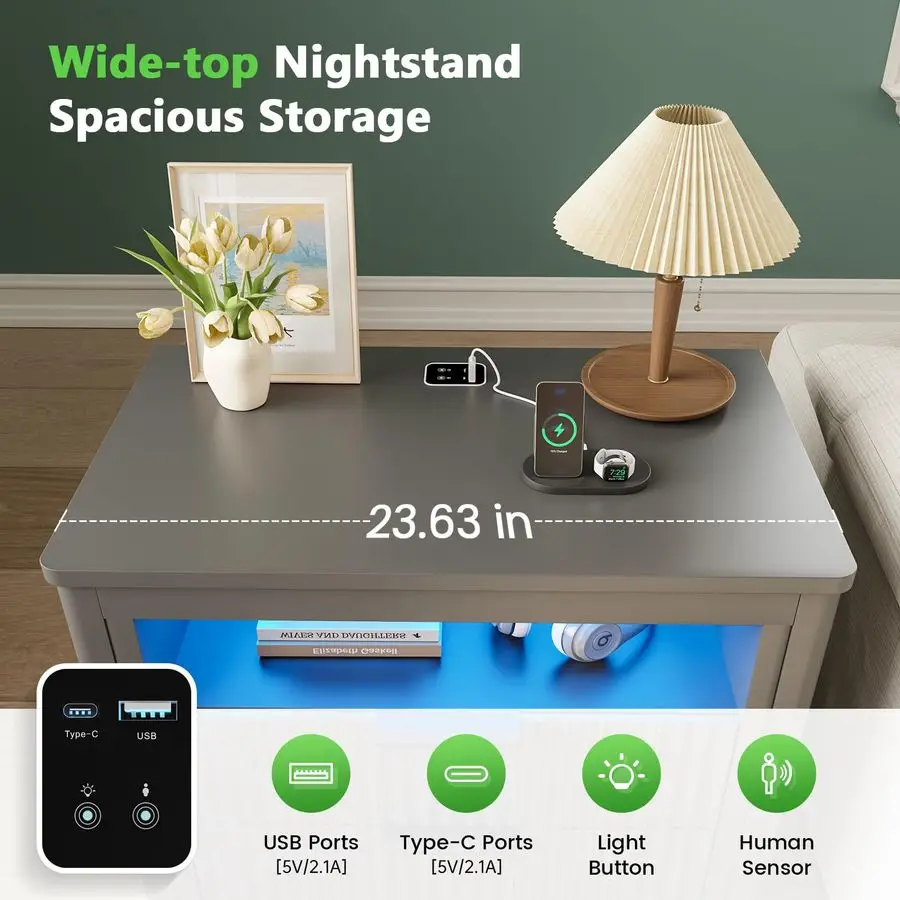 Conjunto de mesa de cabeceira de 23,6 polegadas 2 com gaveta de arma para quarto, mesinhas de cabeceira cinza com compartimento oculto, iluminação LED automática, carregamento St