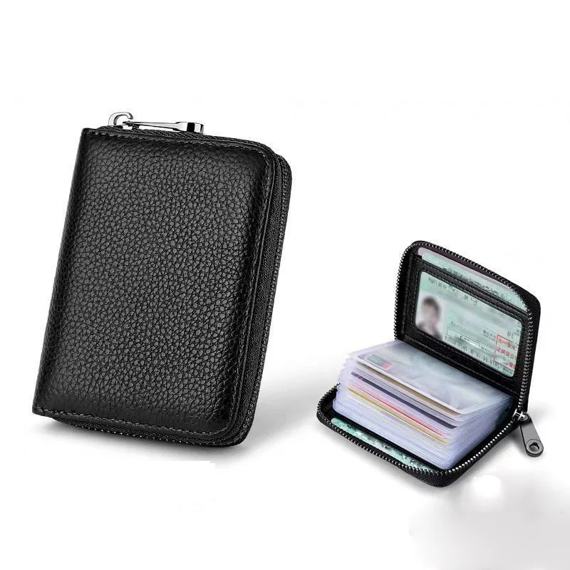 Men's Short Zipper Wallet, Lychee Grain Accordion Card Holder, Large Capacity Coin Hand Purse with Multiple Card Slots