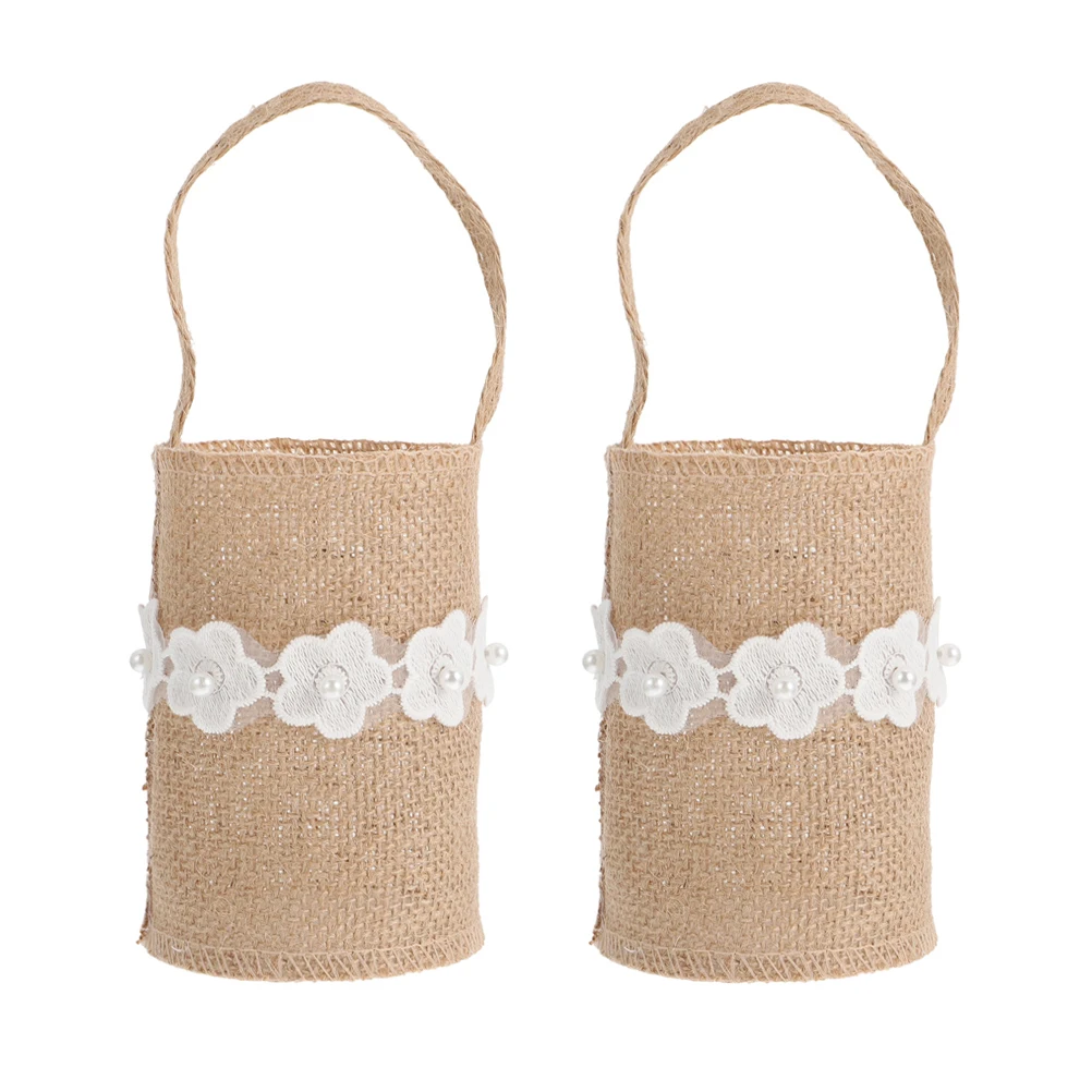 

2 pcs Wedding Flower Basket Burlap Boys Decor Storage Linen Baskets Event Portable Household Collecting Tools