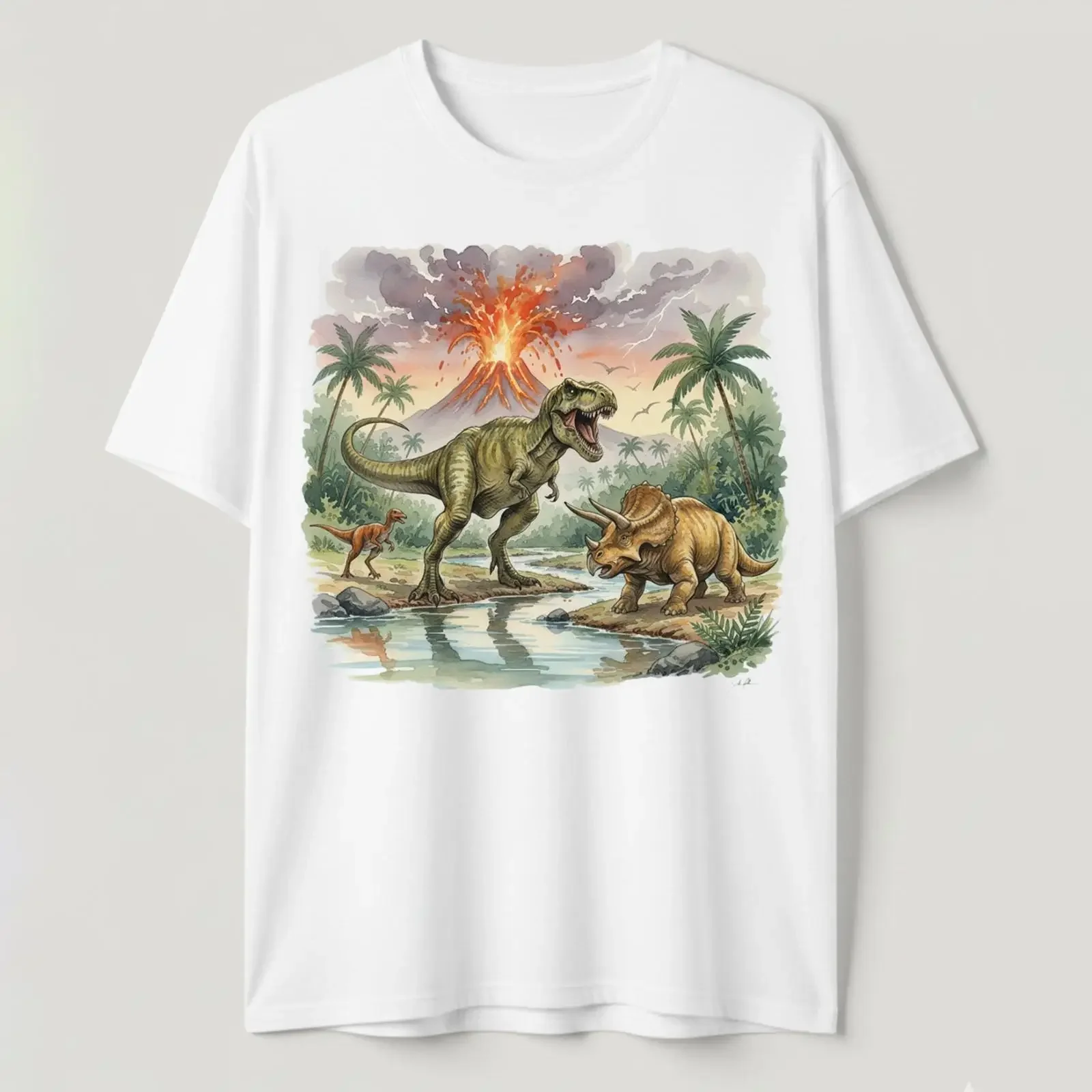 Dinosaur T Shirt Rex Triceratops Volcano Prehistoric Jurassic Art  vintage Washed streetwear Stylish Slightly Versatile Casual