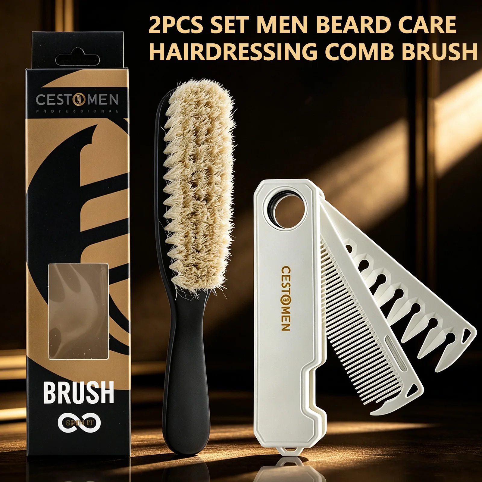2Pcs Men Grooming Set 2in1 Folding Oil Head Comb Boar Bristle Beard Care Brush Professional Moustache Hairdressing Styling Tools