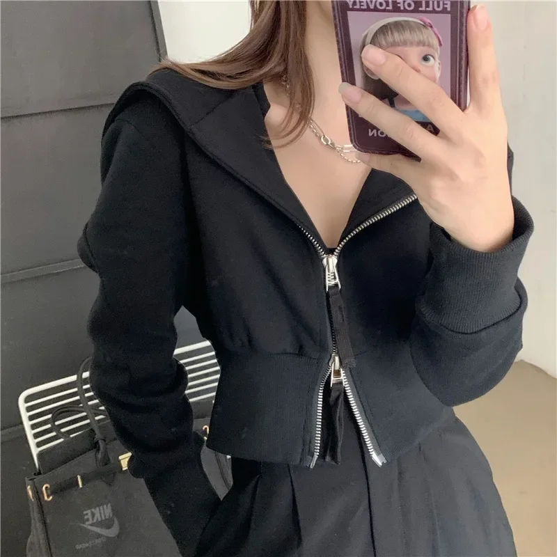 Harajuku Streetwear Sweatshirt Women Fashion Double Zip Loose Hoodies Autumn Casual Female All Match Cropped Coats New