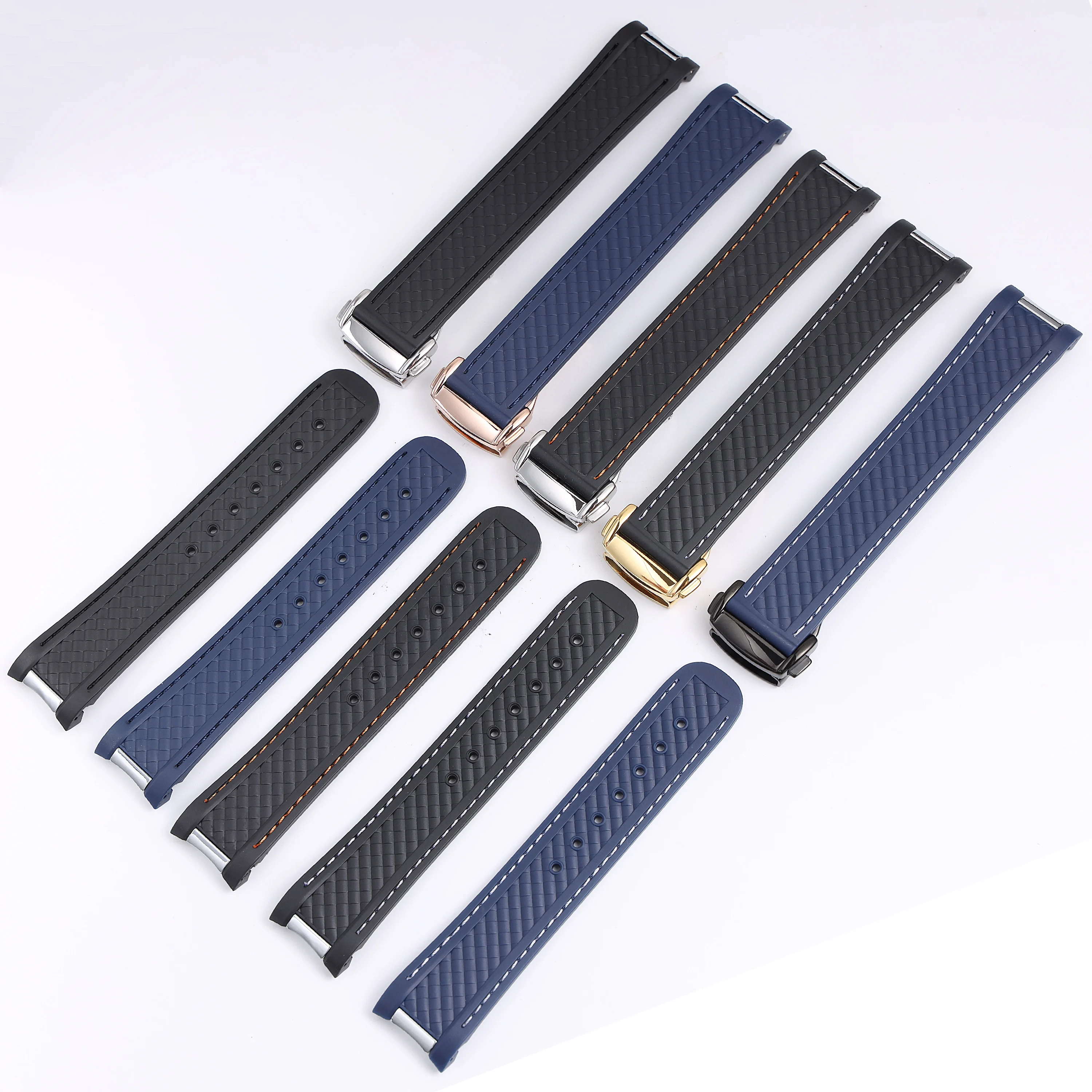 

New 20mm Curved End Black Blue Silicone Rubber Watchband for Omega AT150 Aqua Terra Watch Strap With Deployment Clasp