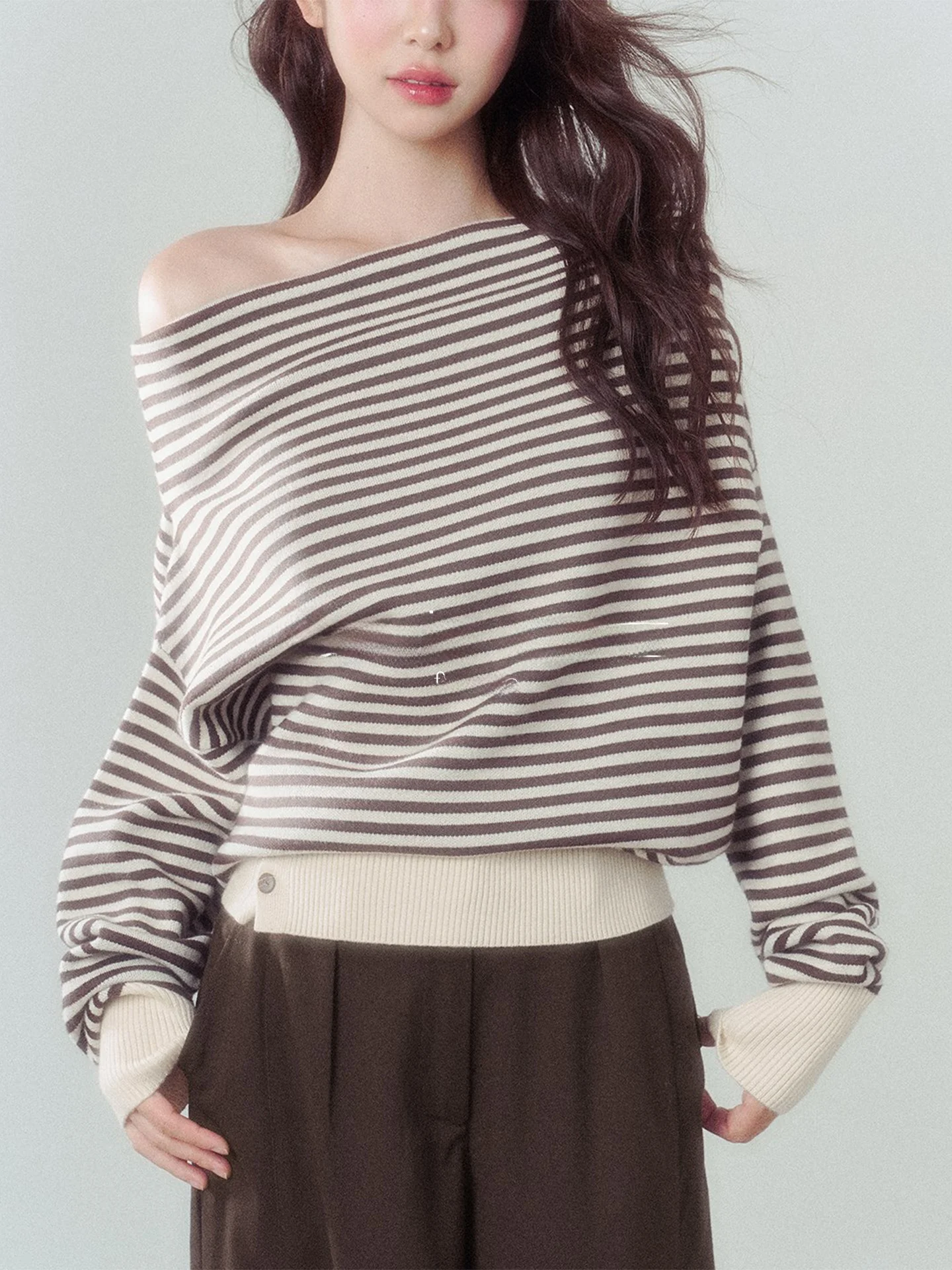 

Rouje Kefss Vintage Striped Knitwear Shoulder Baring Top for Women Autumn Style Loose Fit Long Sleeve Casual Commute Wear