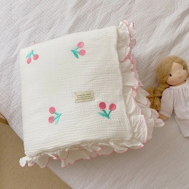 Winter Thick Embroidery Cherry White Muslin Cotton Blanket With Lace, Ruffled Baby Quilt Baby Comforter Princess Baby Duvet