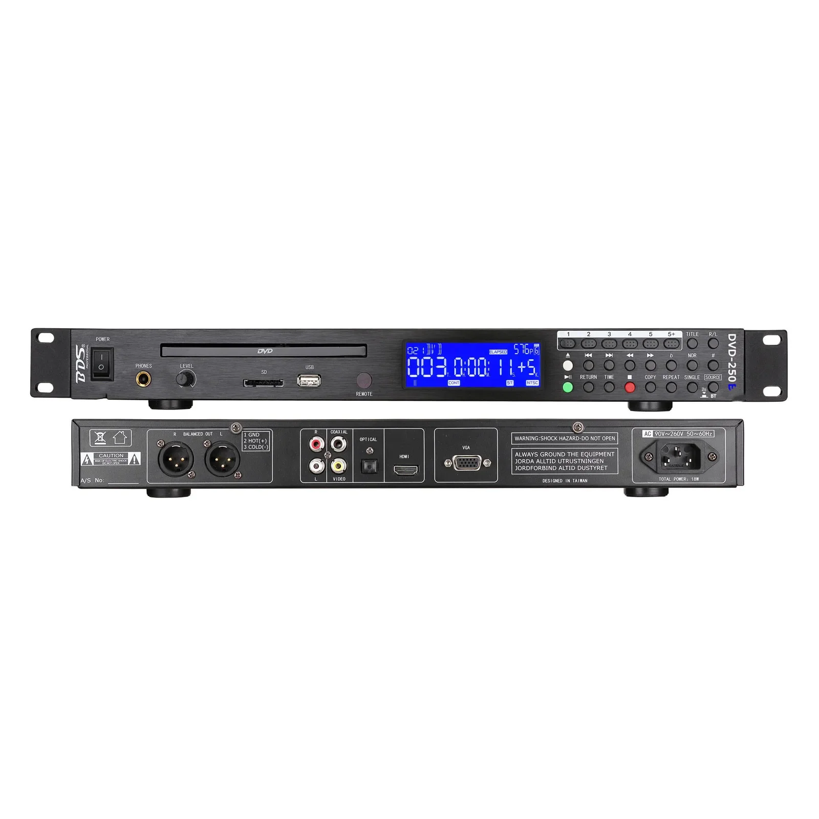 BDS VD-250BT 1U Rack USB SD Player DVD Player with Large LCD Display High Definition VGA Outputs