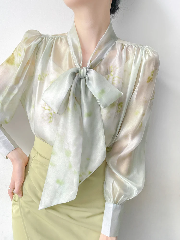 

Sexy Long Sve Thin See tough Sensation irt Women's Knot Sa Print Chiffon Blouse Korean Sle Loose Fit