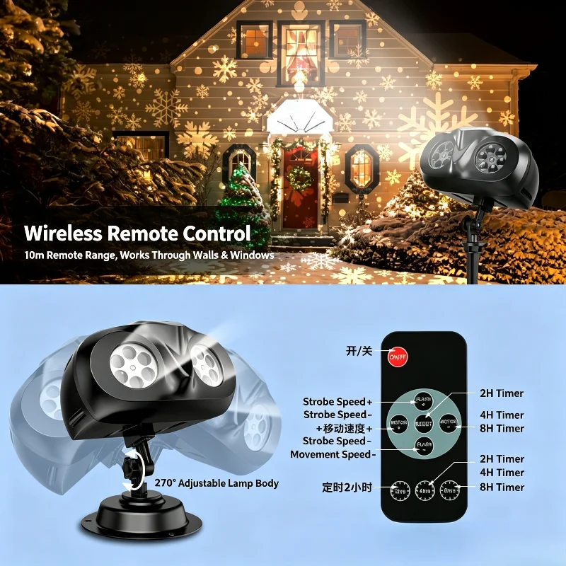 Outdoor Christmas Snowflake Projector Light Dual Head LED Waterproof Ground Stake Light Garden Xmas Decor Lighting