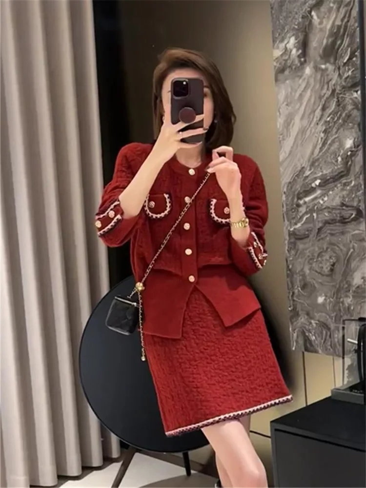 Tweed-style New Year\'s Outfit Set, Sophisticated Jacket and Skirt Two-piece Set for Women, Autumn/winter High-end Socialite Chic