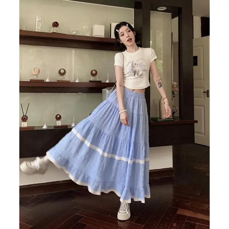

Ruffled Blue Grid Midi Skirts Women 2025 Summer New Korean Style Sweet High Waisted A-line Skirt Gentle Casual Clothes
